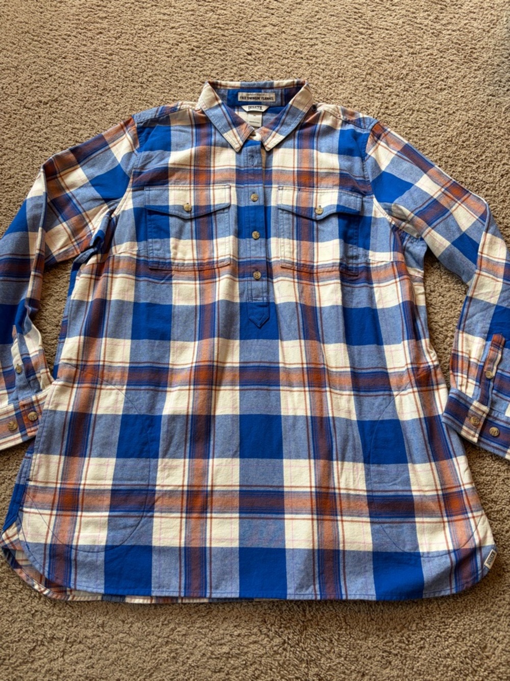 Duluth Trading Co. Free Swingin’ Flannel Tunic Blue Rust Off White plaid XL